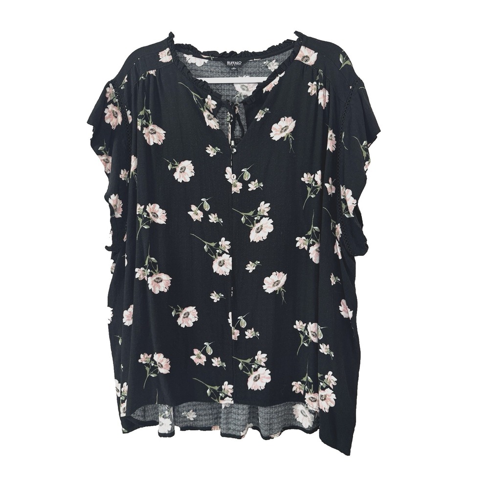 Women 3X Blouse Black Floral Short Sleeve Top Tie Keyhole Cottage Fairy Shirt